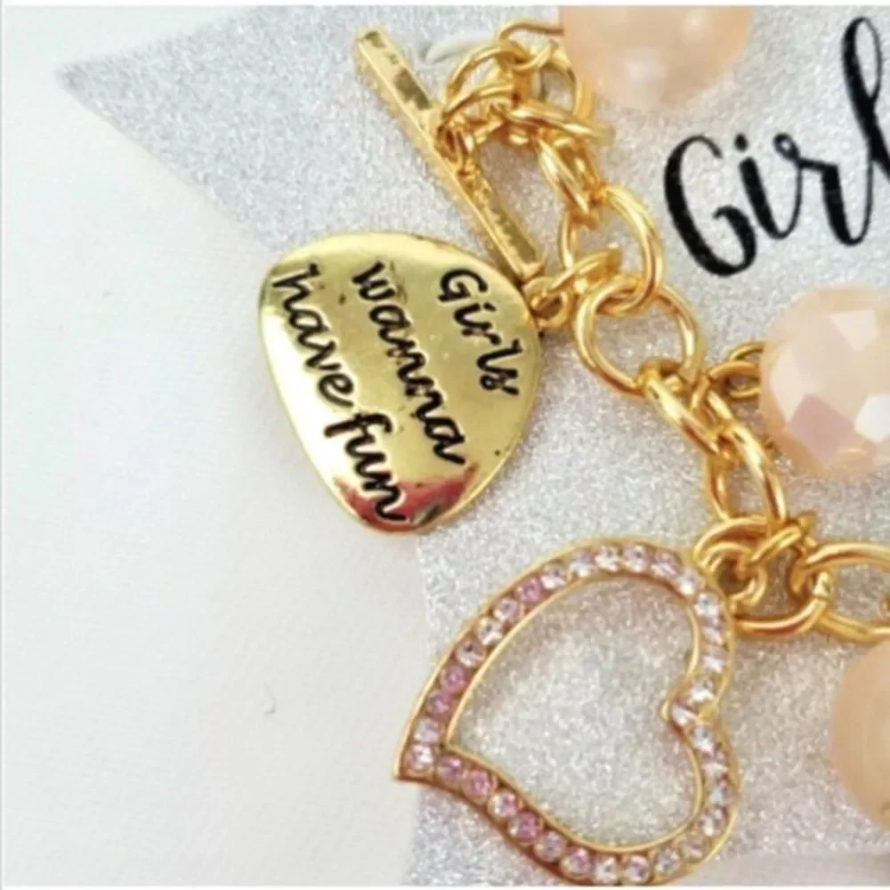 Girlfriend Toggle charm Bracelet Friends Gold faux pearls heart gold blush *